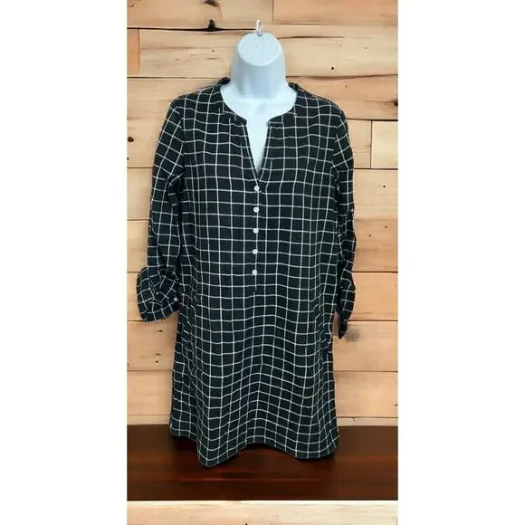 Soft Joie Iselyn Black Plaid Shirt Dress Sz XS Long Roll Tab Sleeves Above Knee - Picture 6 of 11